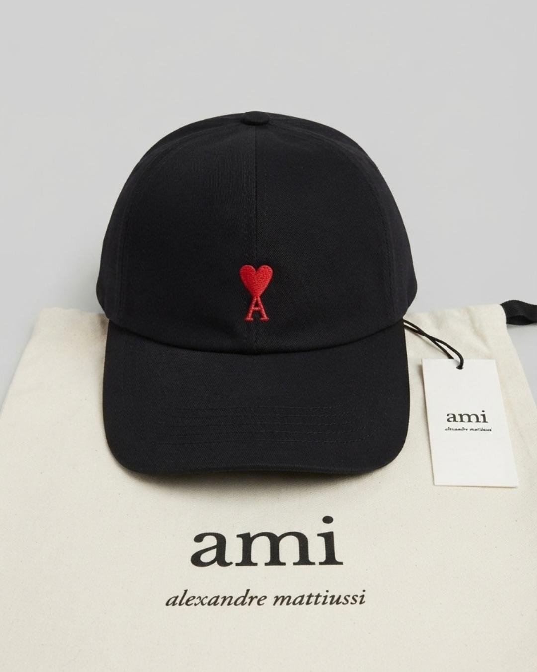AMI Paris Black Cotton Cap with Ami de Coeur Embroidery