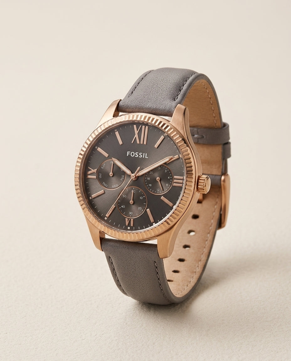 Fossil Women's Rye Multifunction Gray Leather Watch