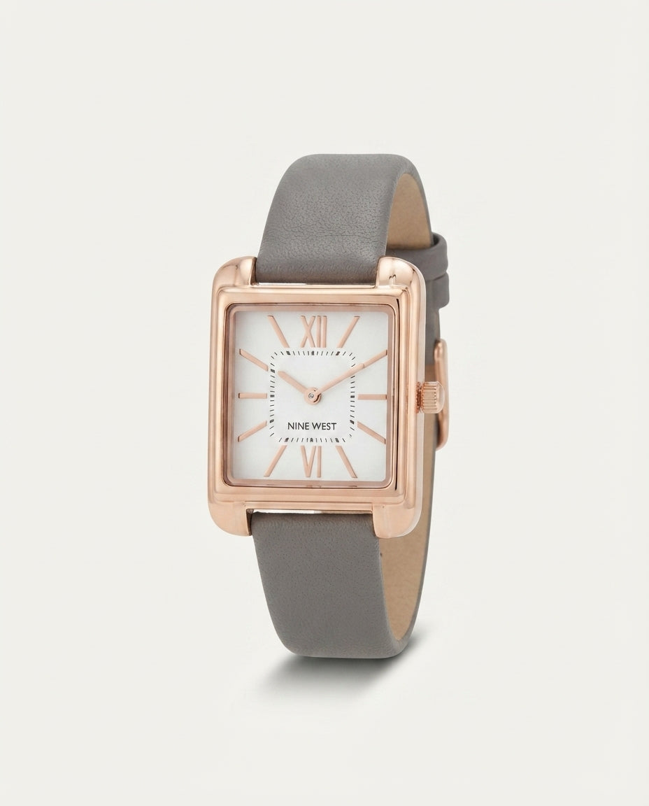 Nine West Women's Quartz Square Gray Faux Leather Band Watch